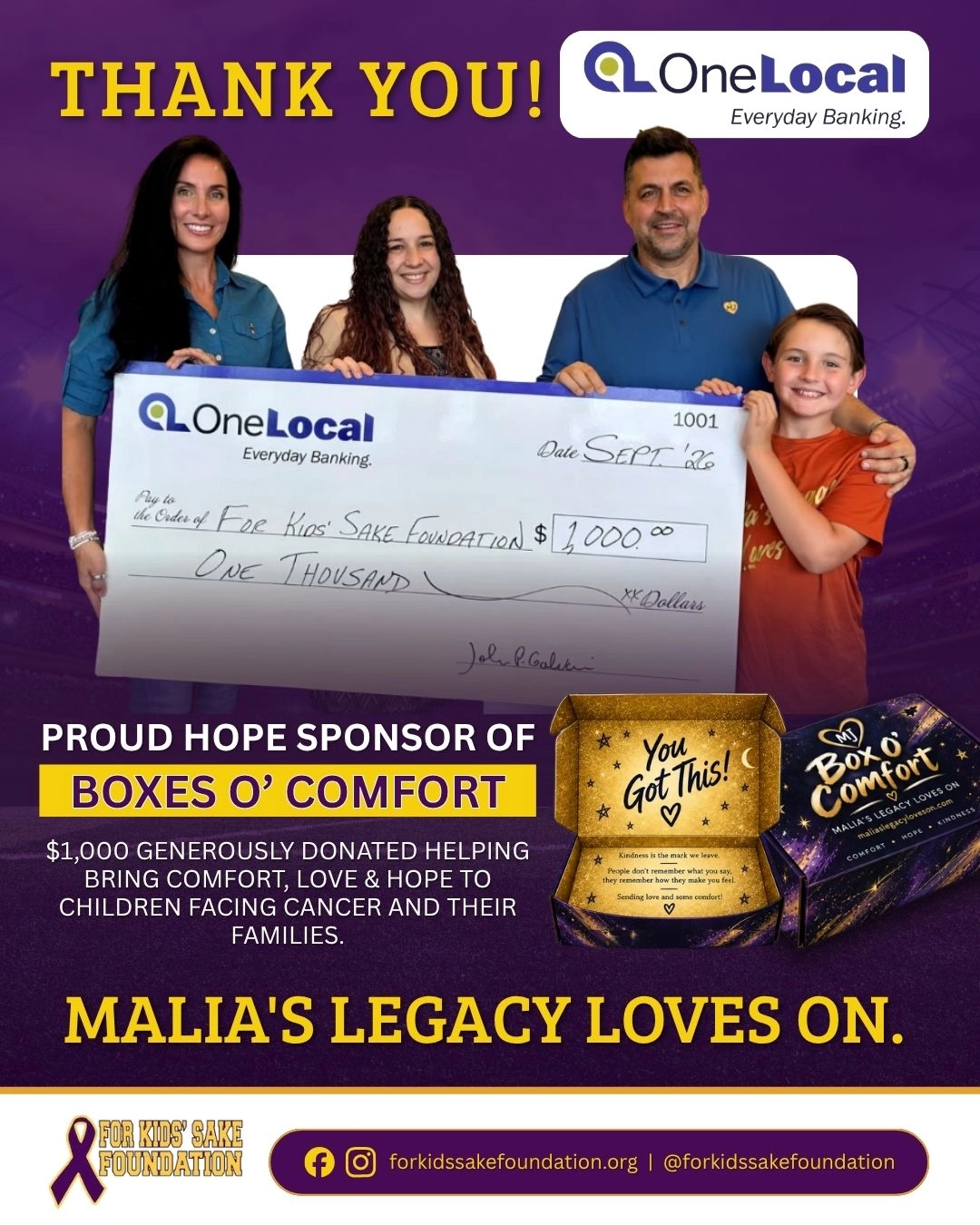 OneLocal Bank Thank you to OneLocal Bank - Proud Hope Sponsor of Boxes O' Comfort